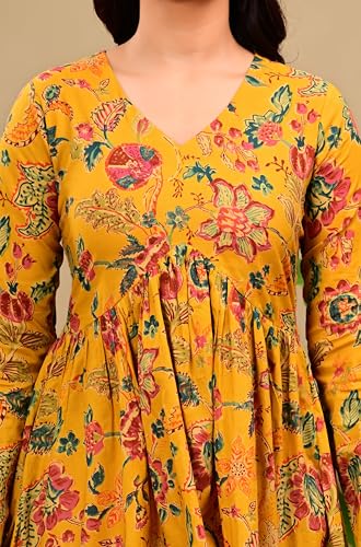 Image of LABEL ADRIJA Cotton V Neck Anarkali Short Kurti for Women Full Sleeve Floral Print | Short Kurtis for Women on Jeans