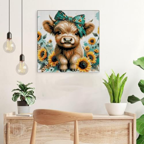Image of Cow Stamped Cross Stitch Kits for Adults Beginner, Sunflowers Counted Cross Stitch Kits Printed Stitching Cute Patterns Dimensions Needlepoint Art Crafts Embroidery Kits for Adults Beginners