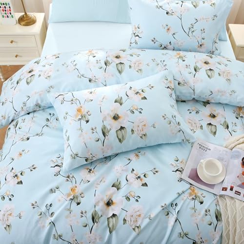Image of MUXHOMO Ceiba Blue Full Comforter Set, Elegant Floral Print Bed in a Bag 7 Pieces, Ultra Soft & Breathable Reversible Botanical Pattern Bedding Set with Comforter, Sheets, Pillowcases, and Shams