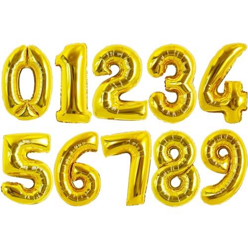 Image of TONIFUL Number Balloon 16 Inch 10 Pcs Fat Gold 0-9 Birthday Number Balloons | Small Custom Digital Mylar Foil Ballons for Birthday Baby Shower Graduation Anniversary 2027 New Year Eve Party Decorations