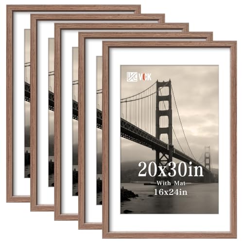 VCK 20x30 Poster Frame, Walnut Wood with 16x24 Mat, 5 Pack, Wall Hanging