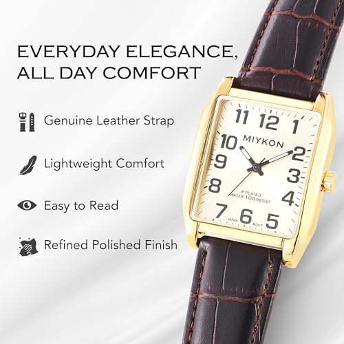 Miykon Vintage Watches for Men - Tank Square Gold Analog Watch with Brown Genuine Leather Wrist Strap for Classic Dress - Japanese Quartz, Waterproof to 100ft by Miykon - Used condition - Image 7