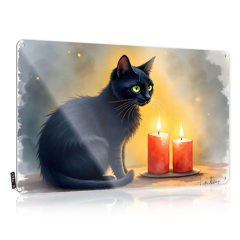 A Black Cat With Glowing Eyes Sits Beside Two Lit Candles. Boho Cool Wall Decor | Decaor Vintage Style Custom Dining Decoration Easy Hang(30X40CM)
