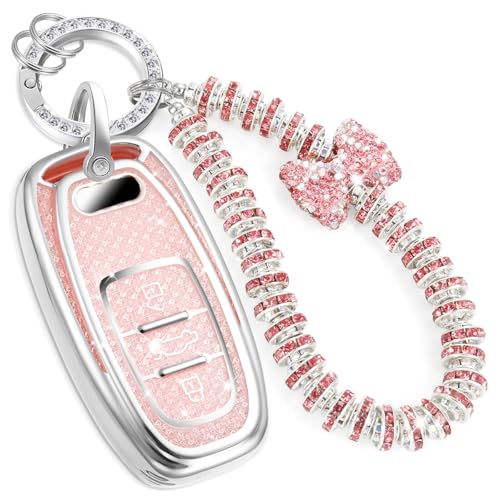 Image of Key Fob Cover for Audi, Rhinestone Wristlet Keychain Case, Pink