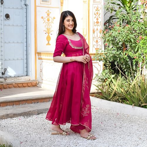 Image of GoSriKi Women's Rayon Viscose Embroidered Anarkali Kurta with Pant & Dupatta