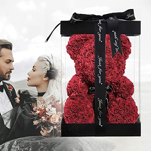 U UQUI Rose Bear 16 inch Valentines Day Gifts for Mom Daughter Gifts, Artificial Flower Rose Teddy Bear with Box String Lights Balloon Card, Cute Romantic Birthday Anniversary Decor, Burgundy