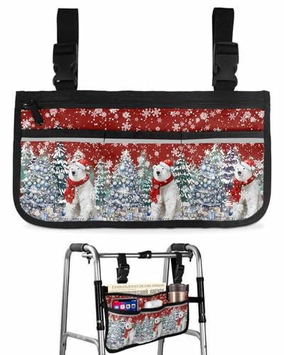 Christmas Wheelchair Side Storage Bag Bear Xmas Tree and Gifts Snowflake Red Armrest Pouch with Cup Holder and Reflective Strip Wheelchair Accessories Organizer Bags for Walkers Rollator