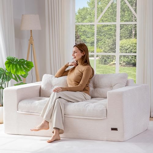 Image of MAXYOYO 63 inch Loveseat Sofa Couch for Small Spaces, Upholstered Boneless Cloud Couch for Apartment Bedroom, 2-Seater Love Seat Floor Modern Sofa with Pillows, No Assembly Required, Beige