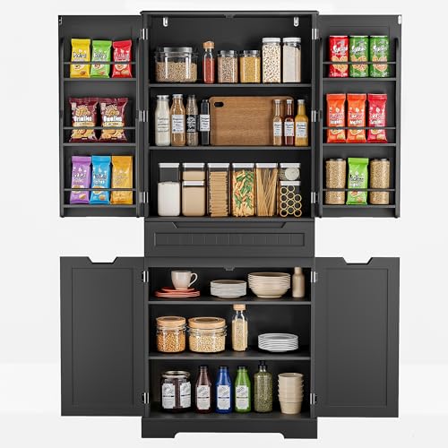 Gizoon 64" Tall Kitchen Pantry Cabinet with Doors and Shelves Large Stand Up Pantry Storage Cabinet with Drawer Large Food Cupboard for Kitchen Bathroom Craft Room, Black