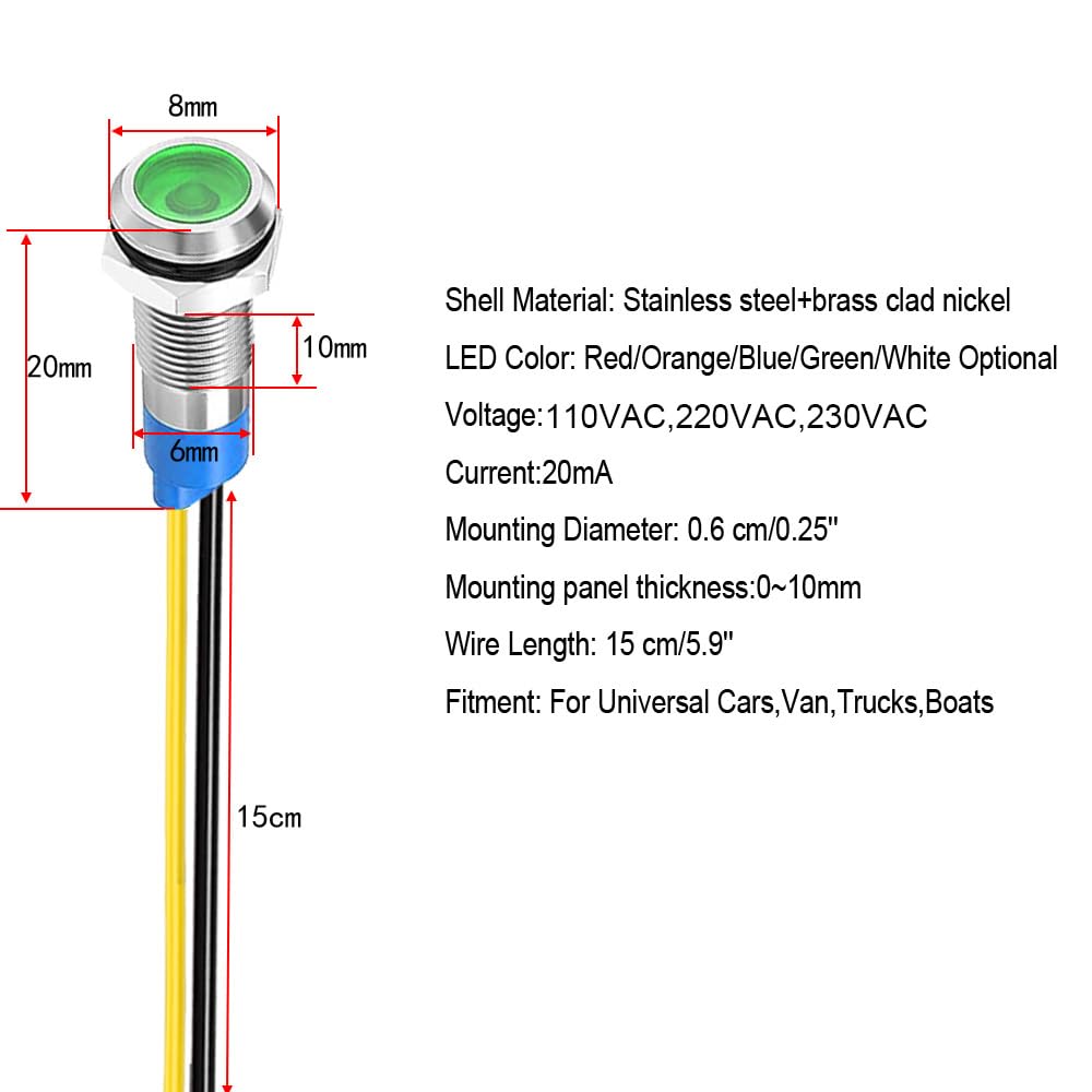Gebildet 10pcs 6mm 1/4" 230V AC LED Metal Indicator Light Waterproof Signal Lamp (Green)