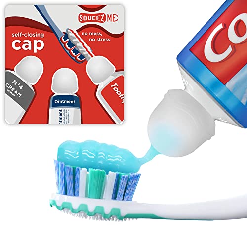 Image of Toothpaste Caps 3 Pack, SqueezMe by Chrome Cherry, Self-Closing, Reusable Silicone Caps, Mess-Free Toothpaste Dispenser Squeezer Lids for Kids, Adults, Bathroom Accessories for Tooth and Gum Health