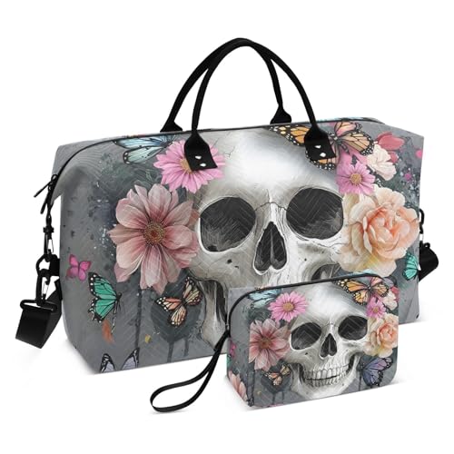 Skull Colorful Floral Travel Duffel Bag Gym Bag Sports Tote Bag with Multiple Interior Pockets Shoulder Weekender Bag for Women Men with Toiletry Bag 20.5”x 7.9”x 13.8”