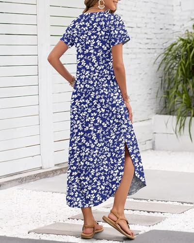 Image of MISFAY Women's Summer Maxi Dress 2026 Casual Short Sleeves V Neck Loose Sundress Split Long Beach T Shirt Dress