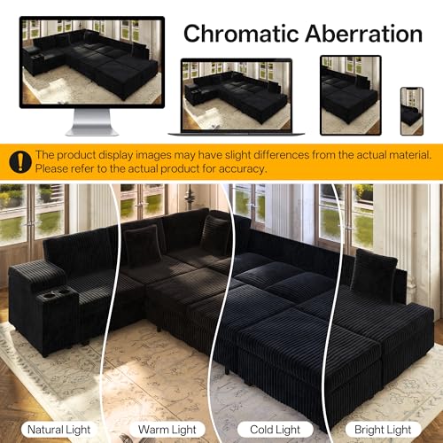 Image of KEIKI 110 inch L-Shaped Oversized Plush Corduroy Modular Sectional Sofa with Pull-Out Bed, Convertible 6-Seater Sleeper Couch Bed with 1 Ottomans & USB & Cup Holders, Easy Assembly, for Living Room, Black