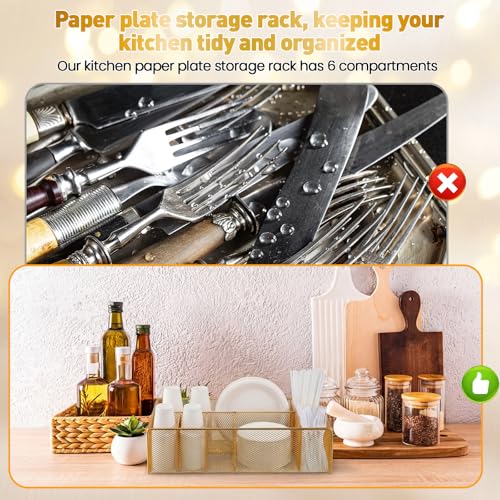 Lounsweer Paper Plate Organizer for Countertop, Metal Utensil Holder Caddy for Kitchen with 6 Compartments for Plate Cup Napkin, Silverware Caddy for Party, Camping, Picnic by Lounsweer - Image 4