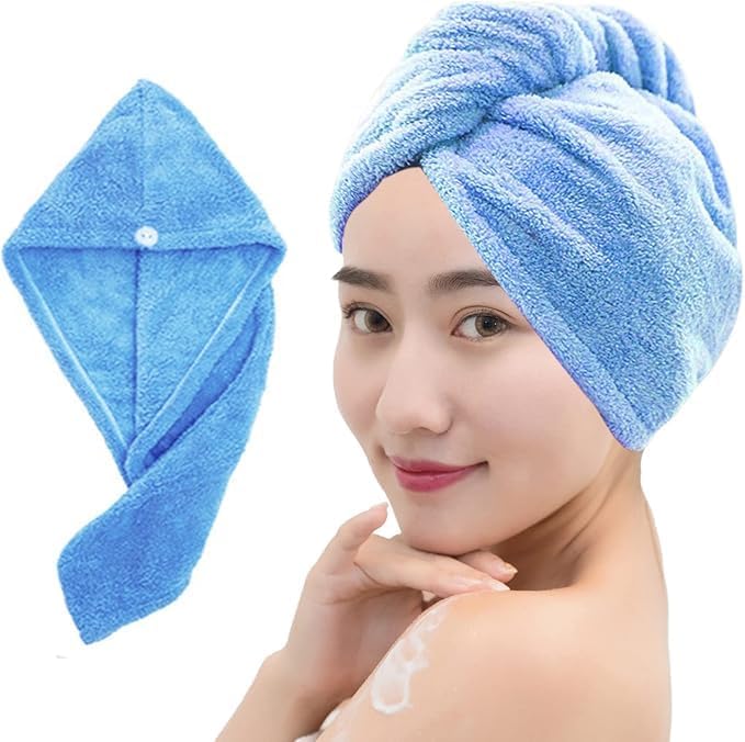 Ultra-Soft Microfiber Hair Towel Wrap – Super Absorbent Quick Drying Hair Turban with Button, Perfect for Long, Wet Hair – Stylish & Gentle Hair Drying Cap for Women! (Blue)