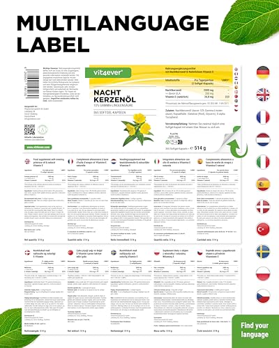 Nachtkerzenöl - 365 Kapseln - Hochdosiert mit 2000 mg je Tagesdosis - Premium: 10% Gamma-Linolensäure GLA, mit natürlichem Vitamin E & kaltgepresst - Laborgeprüft