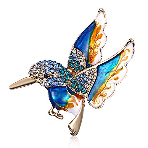 QEPOL Antique Gold Set Crystal Tone Bird Hummingbird Multi Color Austrian Pin Brooch Jewelry for Women (Blue)