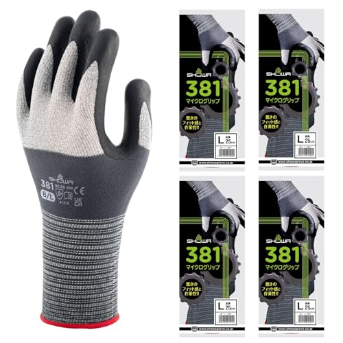 ショーワグローブ 【まとめ買い・作業手袋】No.381 マイクログリップ グレー Mサイズ 4双セット 袋入り 滑り止め メンテナンス DIY フィット