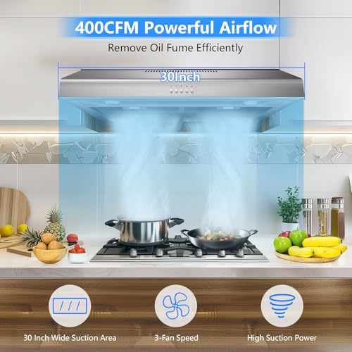 Image of 400 CFM Under Cabinet Range Hood 30 Inch, Stainless Steel Stove Vent Hood with 3 Speed Kitchen Exhaust Fan and Two Bright LED Light, Kitchen Hood 30 Inch for Duct /Ductless Convertible