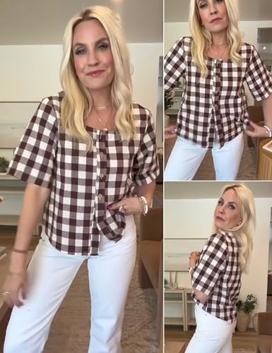 PUWEI Women's Plaid Button Down Shirts Cotton Short Sleeve Square Neck Gingham Tops Blouses3