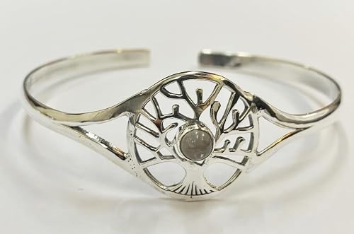 VIE Silver Plated Adjustable Tree of Life Cuff Bangle, Rose Quartz
