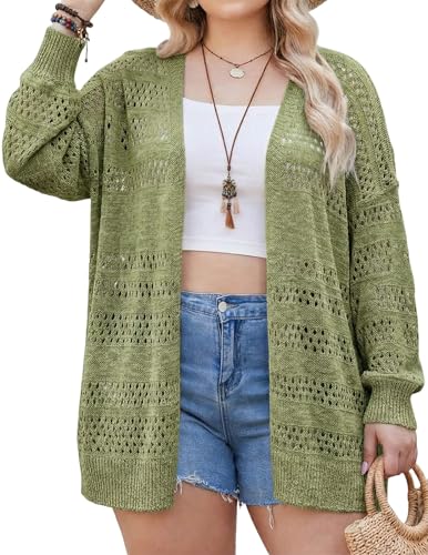 Image of IN'VOLAND Womens Plus Size Crochet Cardigan Lightweight Long Sleeve Open Front Oversized Boho Sweaters Kimonos
