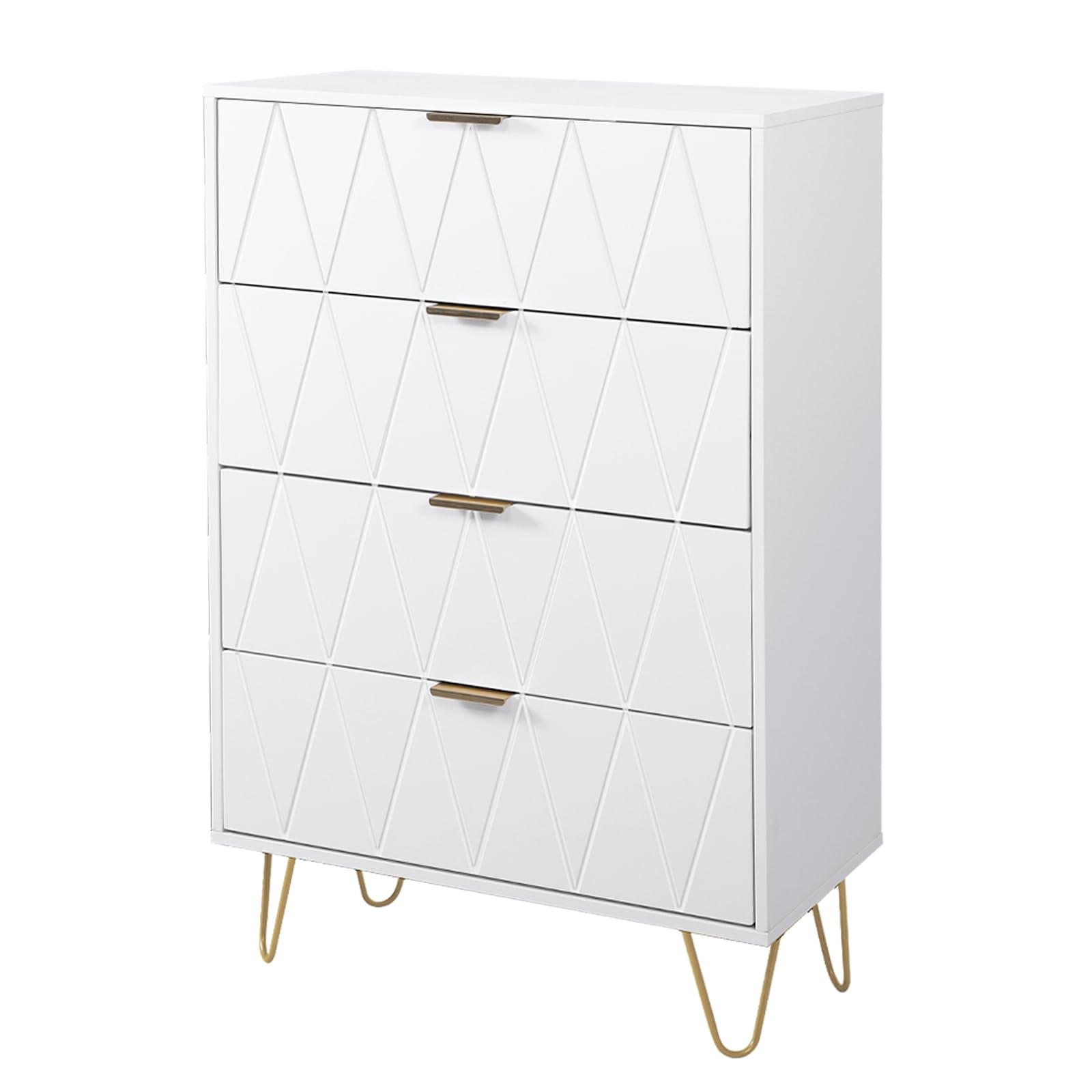 UEV Commode 4 Tiroirs, Meuble de Rangement Bois, Style Simple et Élégant, Manche et Pieds Couleurs Dorées, 60 x 34 x 91 cm, Buffet pour Chambre, Salon, Bureau, Blanc