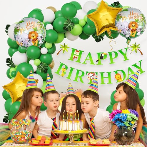 Image of Rozi Decoration Lion Theme Latex, Foil, Cardstock Happy Birthday Decoration Items for Girls, Boys, Kids Jungle Theme Birthday Decorations Set of 63 Pcs Forest Theme Birthday Decorations, Multicolor