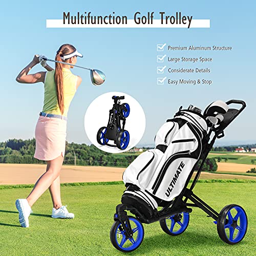 Tangkula Golf Push Cart With 360° Swivel Front Wheel, Aluminum Collapsible 3 Wheels Golf Pull Cart, Golf Trolley W/Elastic Strap, Scoreboard Storage & Foot Brake, Height-Adjustable Handle (Navy Blue) #TOP6