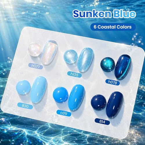 Image of Beetles Blue Gel Nail Polish Set - Sunken Blue 6 Color Sky Navy Cobalt Cat Eye Gel Polish, Summer Shimmer Manicure Soak Off UV Nail Art Salon DIY at Home Gift for Women