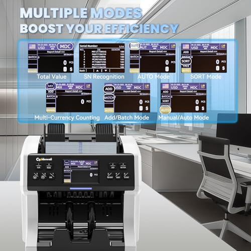 Image of CGOLDENWALL Money Counter Machine Mixed Denomination,Bank Grade Cash Counter 2CIS /UV /IR /MG Counterfeit Detection,Serial Number,MUL Currency Value Counting, Sort&Printer Compatible Bill Counter,1500N /M