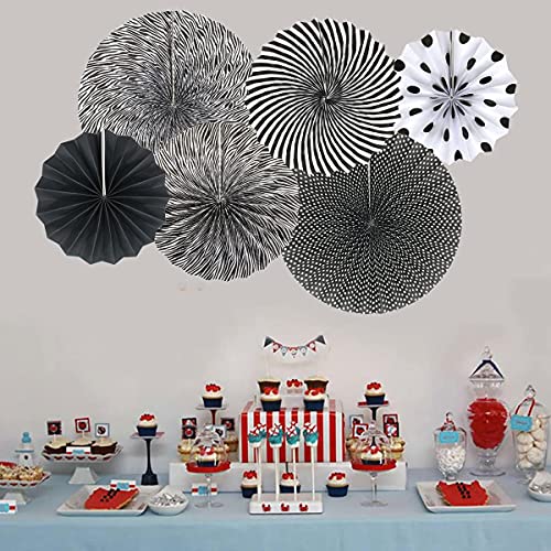 Image of 6 pcs Black Hanging Paper Fans for Party Decoration Colorful Patterns Party Fans for Birthday Anniversary Bridal Shower Baby Shower Christmas Diwali & Wedding Decor (Pack of 6, Black)