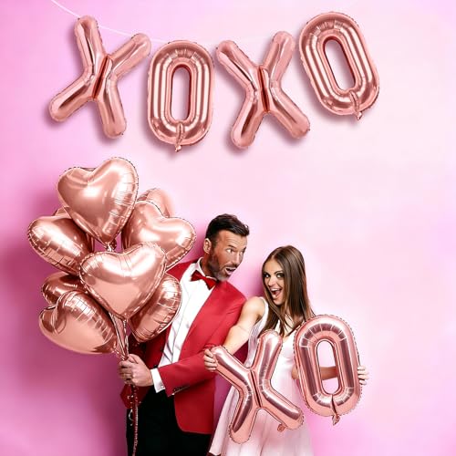 Image of Rose Gold XOXO Heart Balloons 6 Pcs Valentines Day Balloons Heart Shaped Balloon XOXO Foil Balloon Letters for Girls Women Anniversary Sweet Valentine Day Romantic Decor Special Night Party