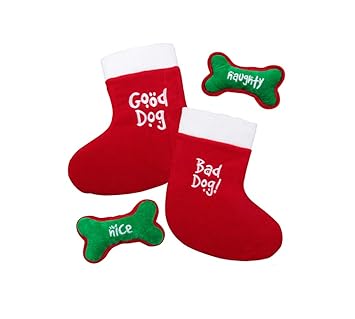 Outward Hound Kyjen Dual Side Dog Stocking and Squeaker Bone Combo Holiday and Christmas Accessories For Dogs, Medium, Holiday Colors