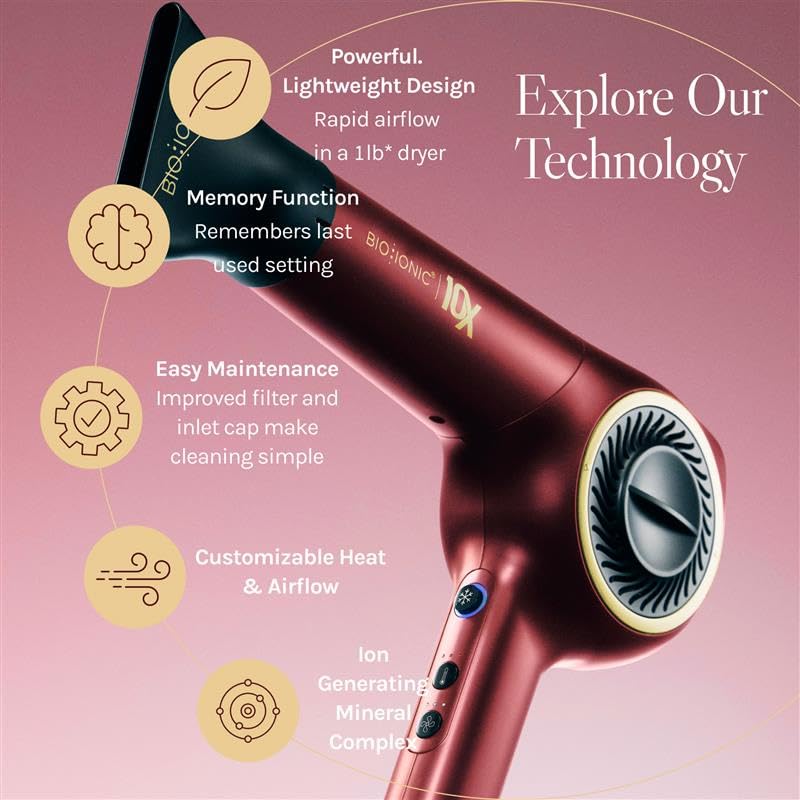 Miniatura 3 de Bio Ionic Secador de pelo de velocidad ultraligera 10X, secador de pelo con calor y velocidad ajustables, función de memoria, herramienta