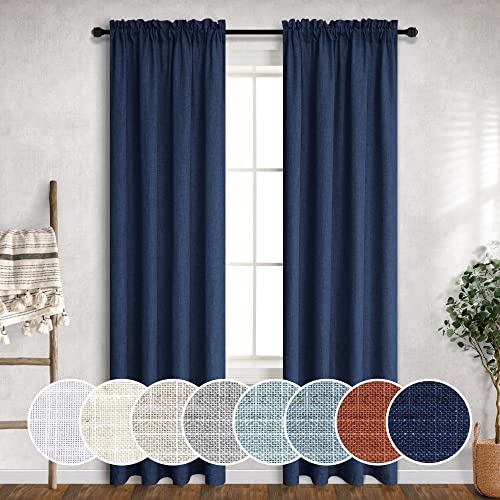 Navy Curtains 38 Inch Width for Living Room 2 Panels Rod Pocket Semi Sheer Linen Light Filtering Mini Curtain for Door Window Boho Farmhouse Bedroom Decor 38 Inch Wide by 84 Long Dark Blue Indigo