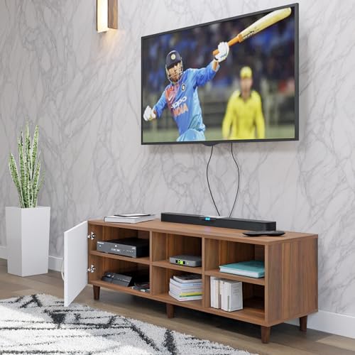 Image of VIKI Modern TV Unit for Living Room | Engineered Wood TV Cabinet with 1 Door Storage & 2 Open Shelves, Entertainment Unit, 140W x 48H x 40D cm | DIY | 1 Year Warranty (Walnut & White)