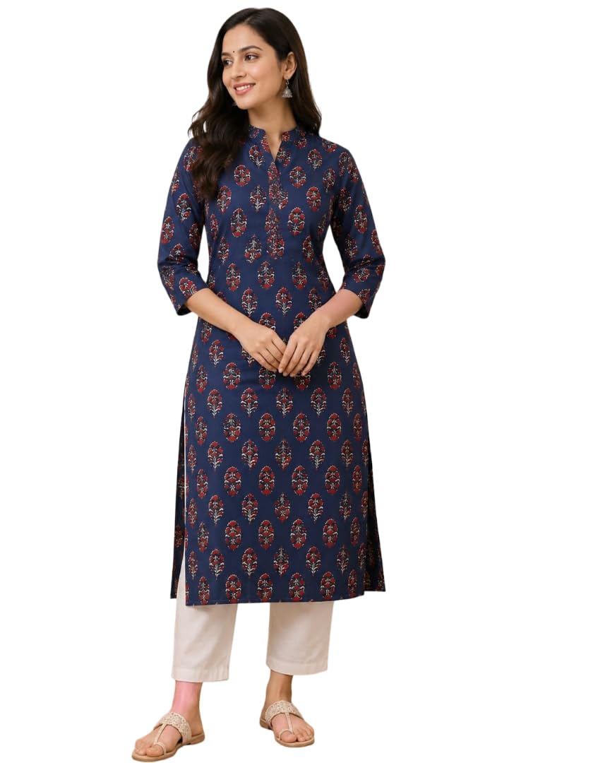 Women' Navy Blue Printed Straight Kurti | Mandarin Collar | 3/4 Sleeves | Casual Ethnic Kurta | Soft Comfortable Kurti-picture-46
