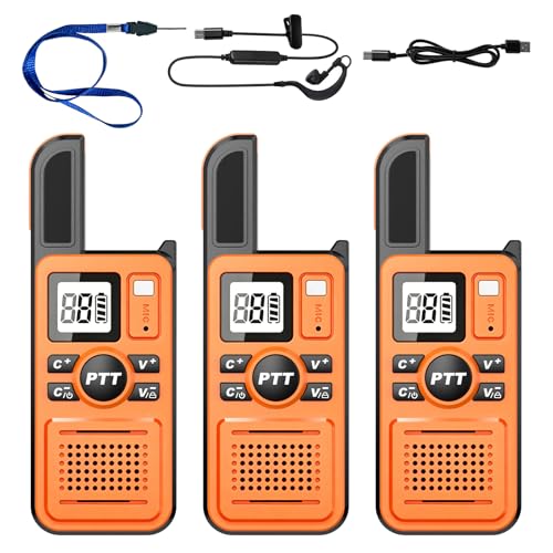 Image of Super Mini Walkie Talkies with Earpiece, Portable 2 Way Radios | Clear Audio, LED Display, 22 Channels, 2KM Range, Walkie Talkies for Cruise Ship, Hiking, Travel, Outdoor, Baseball, Orange