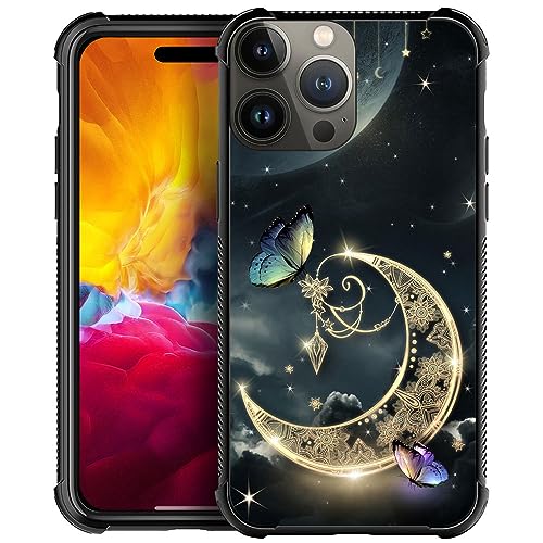 Coque iPhone 15 Pro Max lune et papillon dorée en TPU antichoc