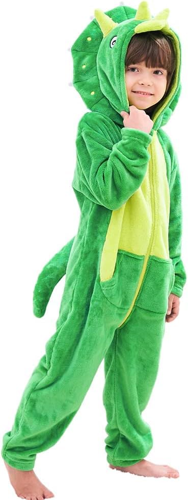 LOLANTA Kids Triceratops Dinosaur Costume, Toddler Hooded Flannel Bodysuit Fancy Dress, 1-2 Years,Tag XS, Green