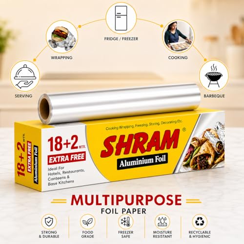 Image of Aluminium Foil 18 Meter + 2 Meter Free | 11 Micron Food Grade Kitchen Foil Roll | Safe Paper Zigzag Cutter | Multipurpose Foil for Home, Hotel & Restaurant Use | Baking, Grilling & Food Wrapping