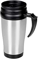 Caneca Tipo Térmica em Inox 400ml com Tampa Antivazamento e Alça Ergonômica Compatível com Porta-Copos Prata/Preto