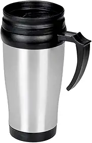 Caneca Tipo Térmica em Inox 400ml com Tampa Antivazamento e Alça Ergonômica Compatível com Porta-Copos Prata/Preto
