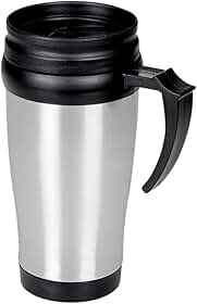 Caneca Tipo Térmica em Inox 400ml com Tampa Antivazamento e Alça Ergonômica Compatível com Porta-Copos Prata/Preto