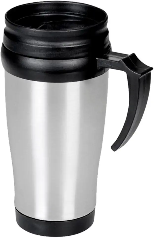 Caneca Tipo Térmica em Inox 400ml com Tampa Antivazamento e Alça Ergonômica Compatível com Porta-Copos Prata/Preto