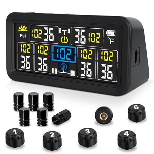 Rv Tire Pressure Monitoring System, Tire Pressure Monitor with Solar/USB Charge, 0-9.9BAR/144PSI TPMS with 6 Sensors & 6 Alarm Modes, Real-time Color LCD Display for RV Trailer Truck SUV