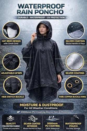 Image of ROCKSPORT Ultralite 3 in 1 Outdoor Hooded Rain Poncho for Adult Unisex, Riding Poncho & Full Cover Waterproof Design, Lightweight & Reusable, One Size Fits Most