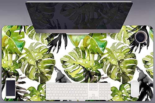 Sous-main de bureau 45x90 cm en vinyle PVC imperméable motif feuilles aquarelles